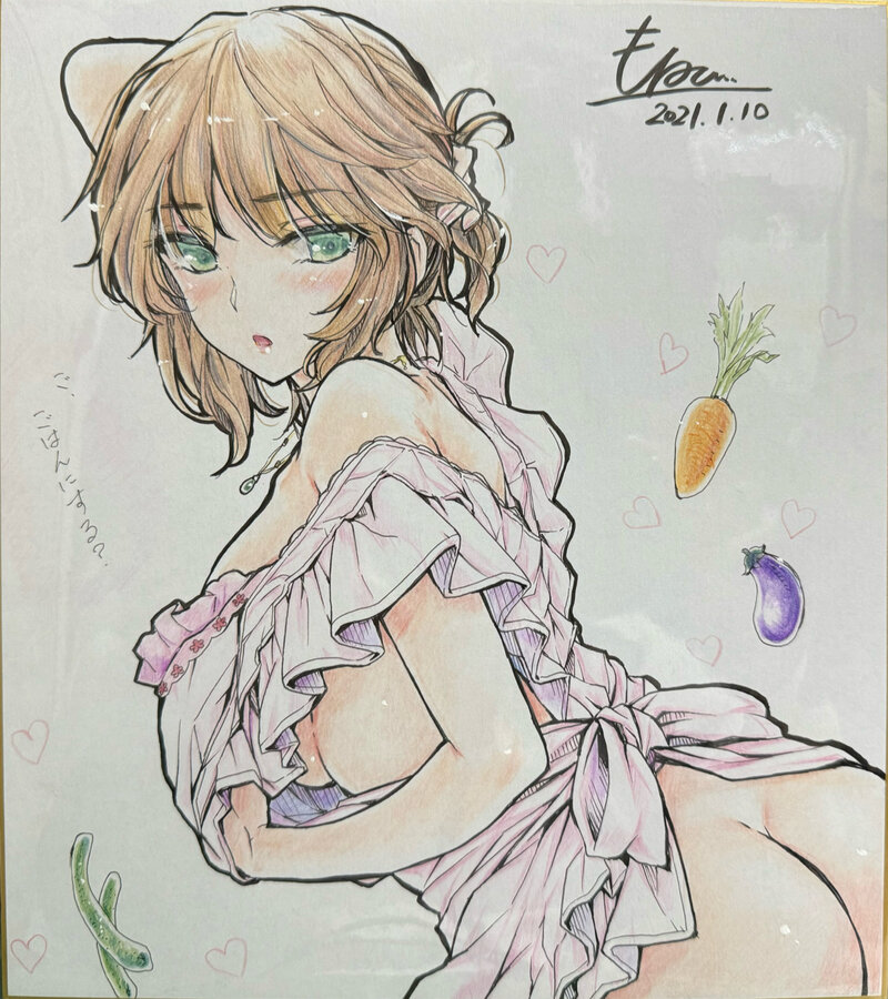 もねてぃ ごはん前の裸エプロン彼女【オリジナル】直筆イラスト色紙